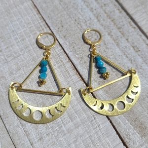 SOLD Faceted Blue Apatite Moon Phase Brass Earrings